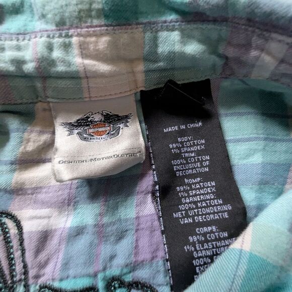 Harley-Davidson Plaid Button Front Shirt M Purple Aqua Western Y2K Bikercore - Picture 3 of 6